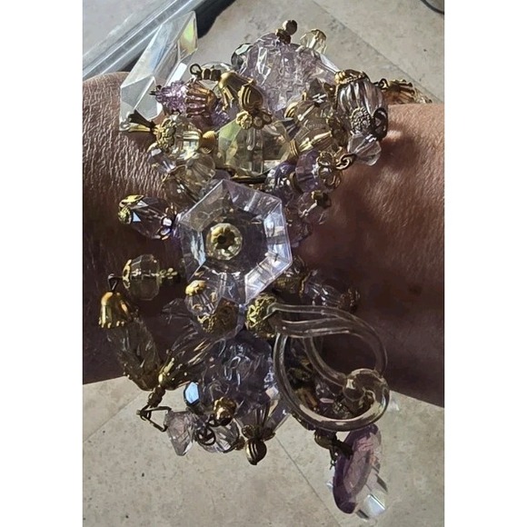 Mid Century Chunky Cha Cha‎ Expandable Bracelet Loaded w Pink Lucite Bead Charms - Picture 3 of 14